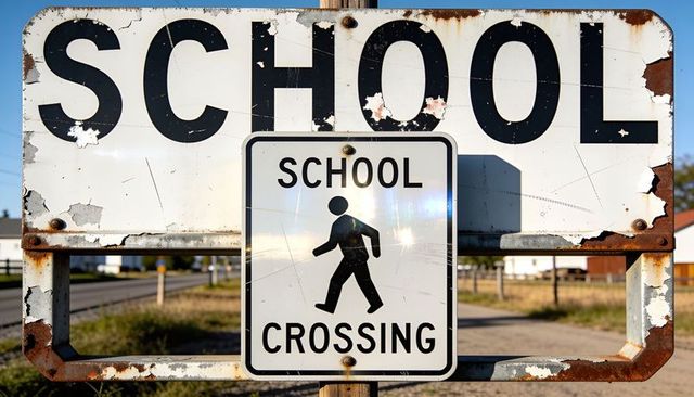Weathered school crossing sign with rusted frame and peeling paint on rural road