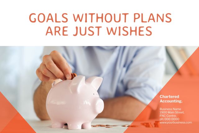 Motivational message, a person saving money in a piggy bank, emphasizing the importance of planning. Ideal for financial services advertising or personal development workshops.