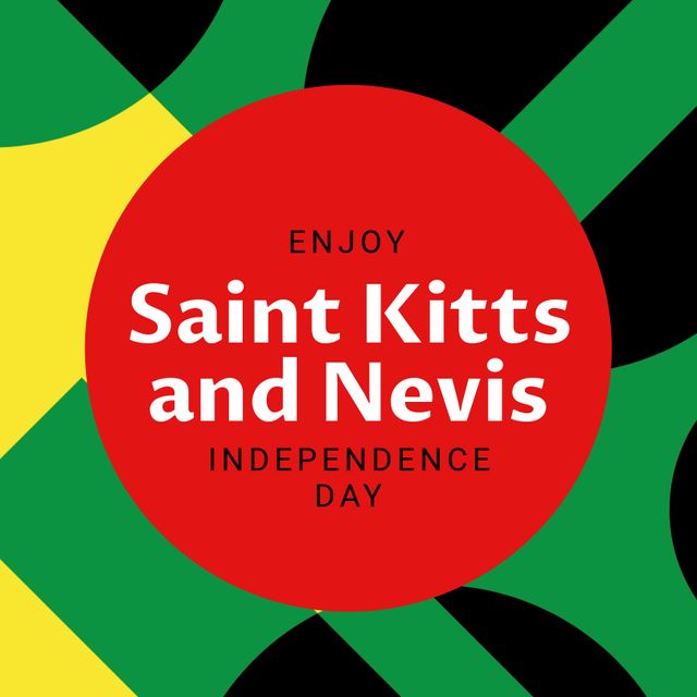 Illustration of saint kitts and nevis independence day text in red circle with colorful patterns. Copy space, vector, patriotism, celebration, freedom and identity concept.