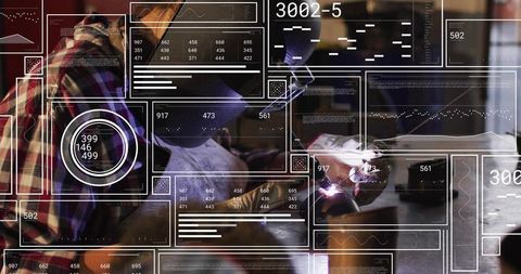 Female welder guiding torch and seam weld in fabrication shop with hud data overlay
