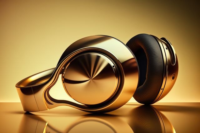 Close up of gold headphones on yellow background created using generative ai technology. Technology and music concept digitally generated image.