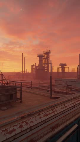 Sunset Rooftop Panning Revealing Rusty Industrial Tower and Piping | Vertical Video