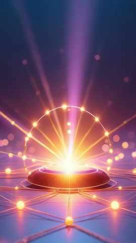 Vertical futuristic core pulsing and emitting beams, forming glowing energy nodes in cyber void