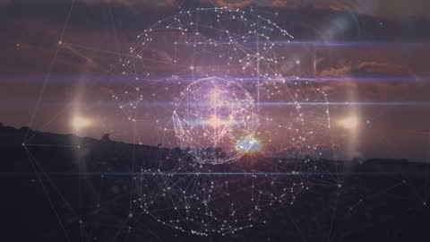 Futuristic Network Globe Over Sunset Landscape