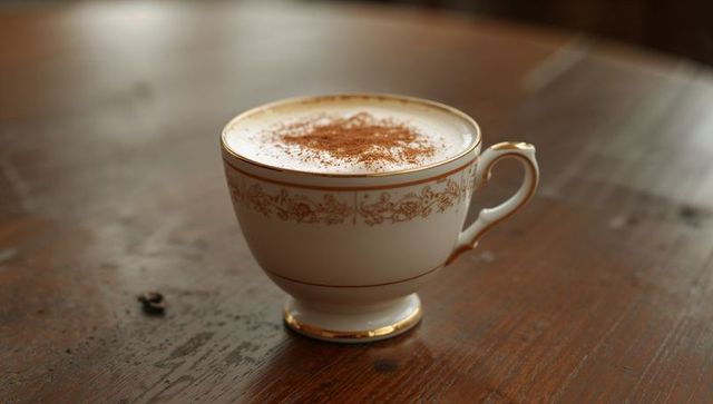 Porcelain teacup sitting on weathered wood table with cinnamon-topped cappuccino