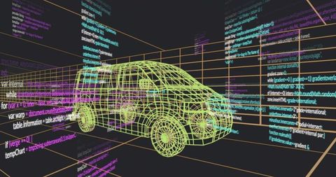 Virtual automotive design with wireframe suv and coding interfaces