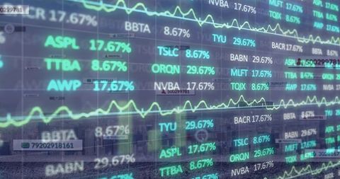 Neon financial ticker display overlaying urban skyline with animated percent graphs