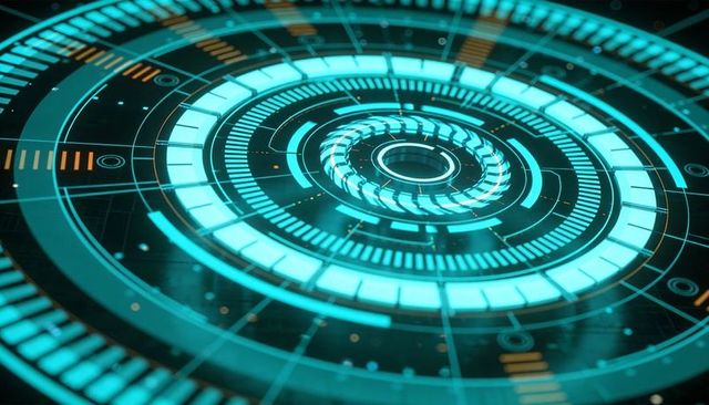 Hovering Cyan Holographic HUD with Concentric Rings, Digital Radial Interface, Orange Markers