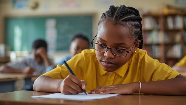 Focused Young Student Writing at School Desk