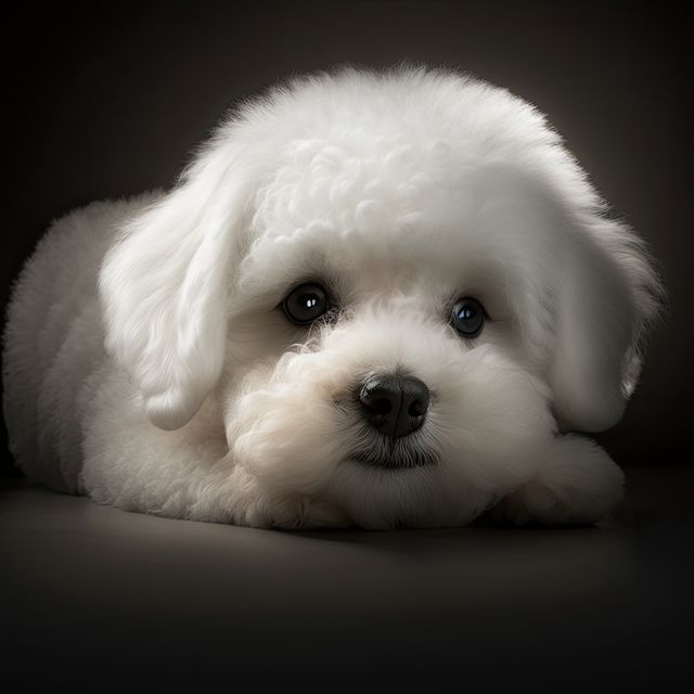 This stock photo of an adorable Bichon Frise puppy laying down with fluffy white fur and dim lighting is perfect for use in pet-related content, marketing materials, or social media posts. It fits well on websites, blogs, and promotional flyers or posters that focus on pet care, adoption, or dog grooming services.