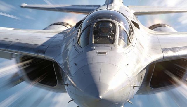 Close-up fighter jet cockpit with pilot wearing helmet and oxygen mask flying at high speed