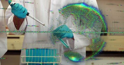 Glitched laboratory pipetting: teal gloves transferring blue reagent into test tube rack