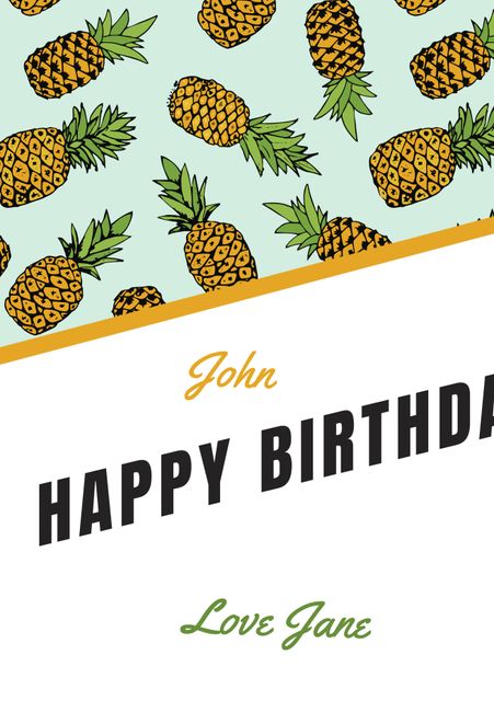 This greeting card features a vibrant tropical pineapple pattern conveying festivity and joy. The bold design is ideal for birthdays, adding a touch of fun and celebration. The card includes customizable spaces for personal messages, making it perfect for sending heartfelt birthday wishes. Great for giving a tropical theme celebration.