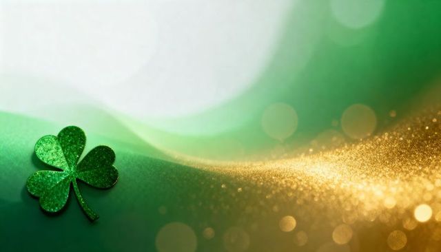 Glittering emerald shamrock resting on gold bokeh wave over soft green backdrop