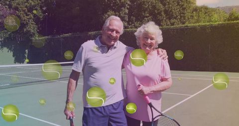 Cheerful Senior Couple Playing Tennis with Digital Effects