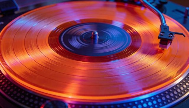 Spinning translucent orange vinyl on turntable with neon magenta and blue lighting