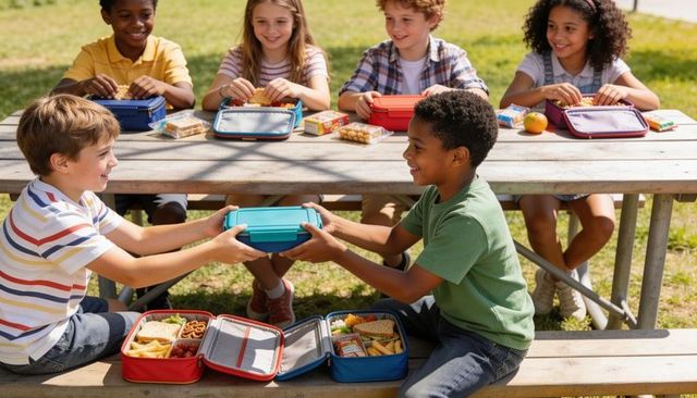 Kids sharing lunchboxes at park picnic table, friends enjoying healthy packed lunches