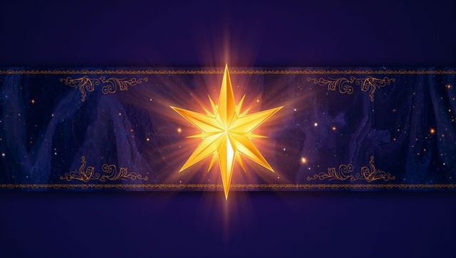 Glowing faceted golden star radiating warm light over deep blue ornamental banner
