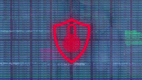 Animated Digital Shield with Data Processing Background