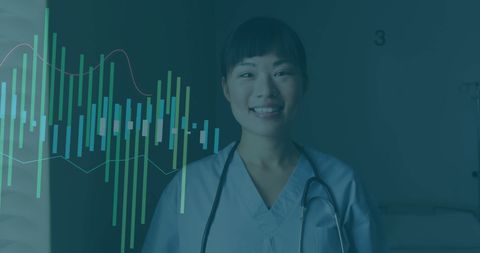 Smiling healthcare professional with medical data overlay