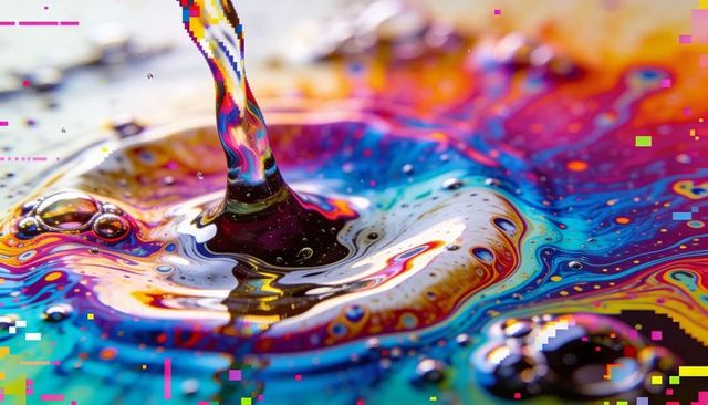 Iridescent liquid splash forming colorful droplet column with neon rainbow ripples