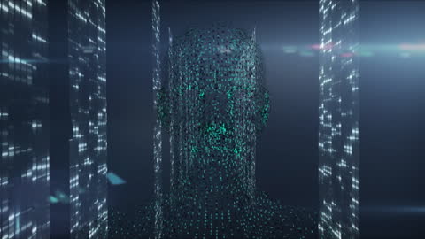 Futuristic Digital Human Head with Data Matrix