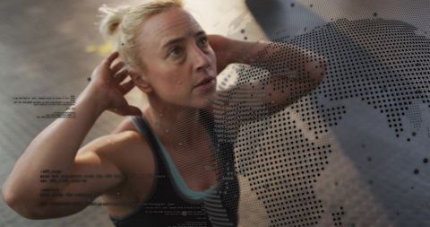Athletic woman performing outdoor core workout on pavement with urban halftone map overlay