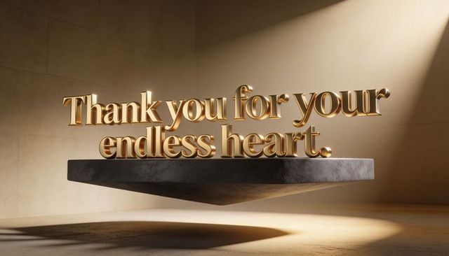 Floating golden thank you message on levitation stone pedestal with dramatic spotlight