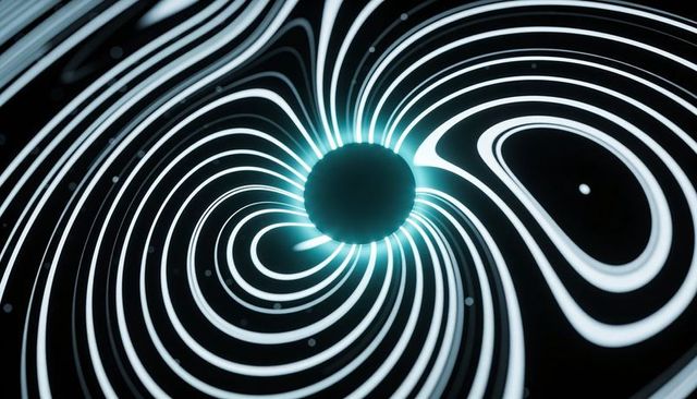 Glowing sphere radiating cyan halo with swirling luminous streamlines over black void