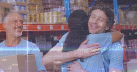 Diverse Volunteers Embracing with Data Overlay in Warehouse