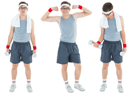 Energetic man lifting dumbbells in sporty outfit on transparent background