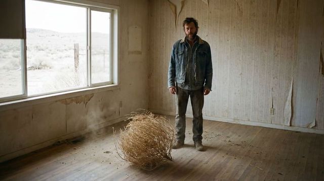 Bearded man standing in abandoned cabin with tumbleweed and dusty window light