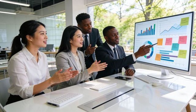 Corporate Team Collaborating Over Sales Dashboard and Charts in Bright Modern Office