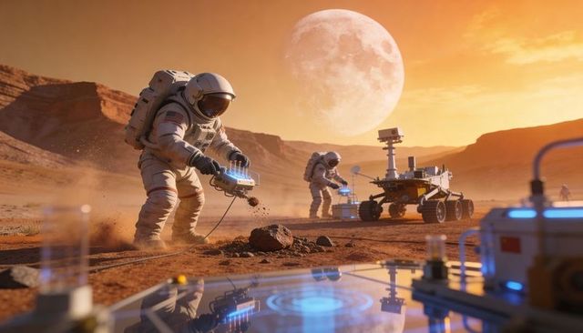 Astronauts Exploring Martian Surface at Sunset with Rover and Holographic Scanner