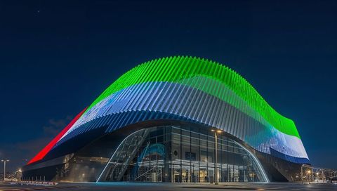 Wavy led-lit facade illuminating arched glass entrance at night, multicolor modern architecture