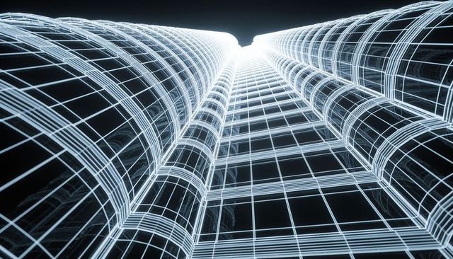 Rising twin skyscraper wireframe converging to bright vanishing point with glowing gridlines