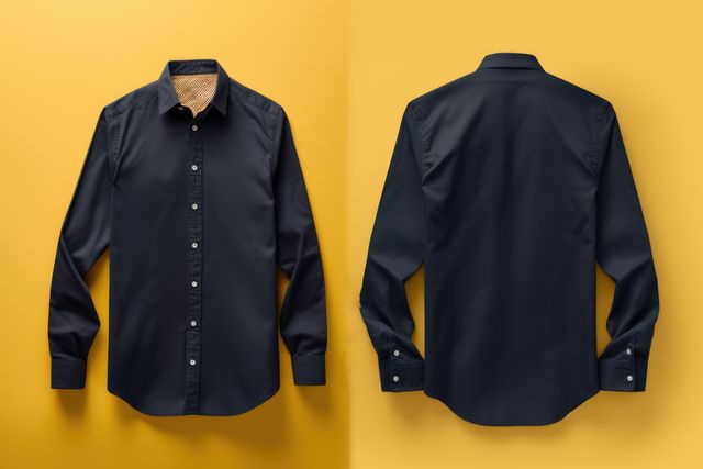 Navy blue button-down shirt shown from front and back on plain yellow background. Perfect for showcasing men's fashion, formal wear choices, and trends in dress shirts. Great for online stores, fashion websites, catalogs, or design presentations.