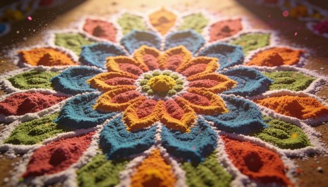Vibrant radial rangoli mandala on wooden tabletop, macro colorful powder texture