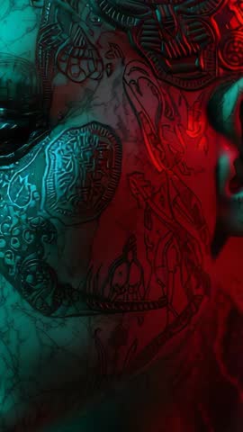 Vertical video panning across metallic face with teal red revealing cybernetic metalwork