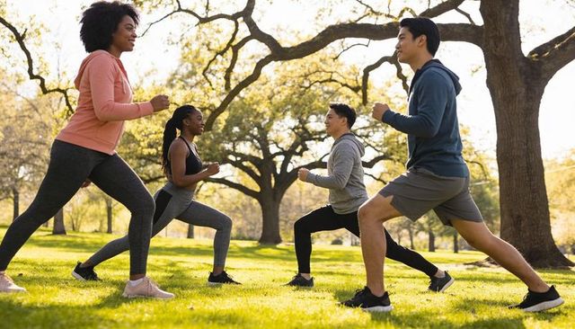 Group doing synchronized lunges in sunlit park friends outdoor fitness workout