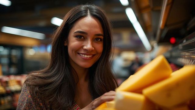 Smiling Shopper Choosing Cheese in Grocery Store