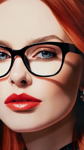 Vertical video of redhead model shifting to center, black glasses and glossy red lips