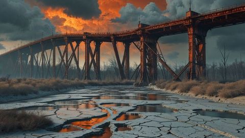 Rusted industrial bridge over desolate riverbed with moody skies in apocalypse aftermath