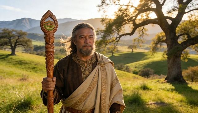 Sunlit asian sage standing with ornate staff in rolling oak meadow draped in cloak