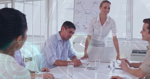 Innovative business meeting with digital data overlay