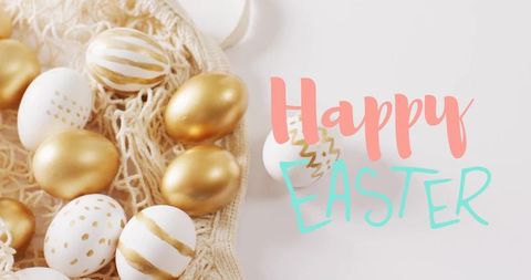 Gold and white easter eggs displaying in woven basket with coral teal happy easter text