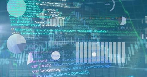 Futuristic data visualization with digital code overlay