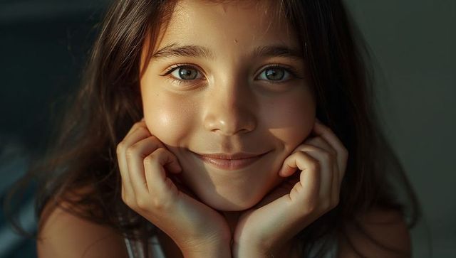 Smiling girl resting chin on hands in warm natural light close-up portrait