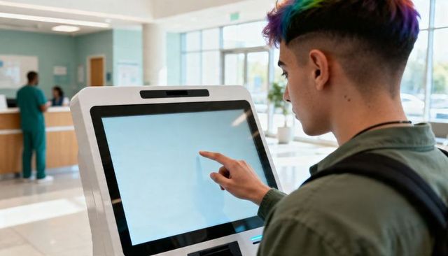 Teen Selecting Self-Checkin at Clinic Kiosk with Medical Staff in Background, Bright Lobby