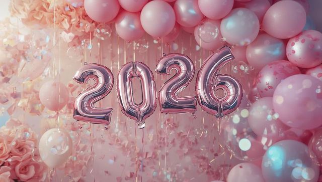 Rose-gold 2026 balloon garland with pastel pink balloons, ribbons, confetti, flowers